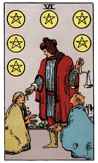 Six of Pentacles Rider-Waite-Smith tarot card showing a wealthy figure giving coins to two people while holding scales.