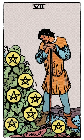 Seven of Pentacles Rider-Waite-Smith tarot card showing a worker leaning on a tool while studying seven pentacles on a plant.
