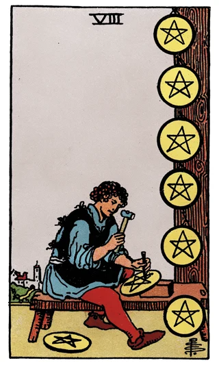 Eight of Pentacles Rider-Waite-Smith tarot card showing a craftsperson carving pentacles at a workbench.