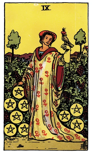 Nine of Pentacles Rider-Waite-Smith tarot card showing a robed woman with a falcon standing among vines and pentacles.