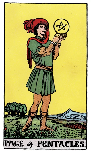 Page of Pentacles Rider-Waite-Smith tarot card showing a young figure carefully contemplating a pentacle in a green field.