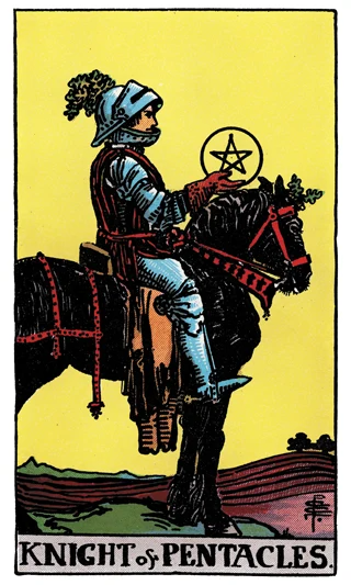Knight of Pentacles Rider-Waite-Smith tarot card showing an armoured knight on a still horse holding a pentacle.