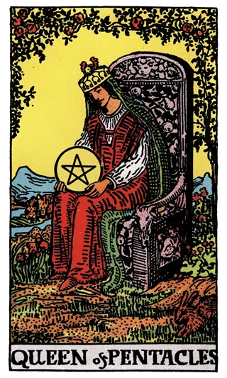Queen of Pentacles Rider-Waite-Smith tarot card showing a queen in a garden holding a pentacle with a rabbit nearby.