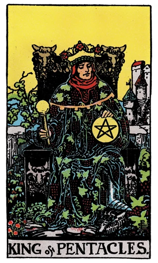 King of Pentacles Rider-Waite-Smith tarot card showing a king on an ornate throne among vines holding a pentacle.