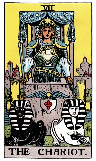 The Chariot Rider-Waite-Smith tarot card showing an armoured charioteer above black and white sphinxes.
