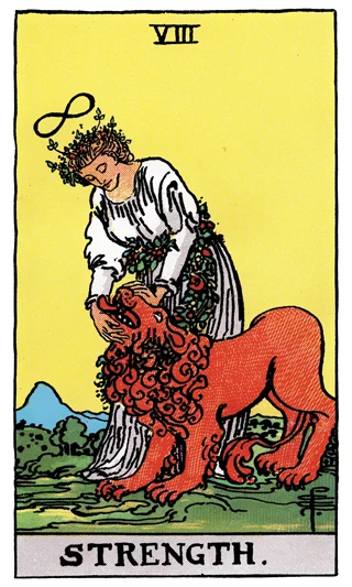Strength Rider-Waite-Smith tarot card showing a woman gently holding a lion beneath an infinity symbol.